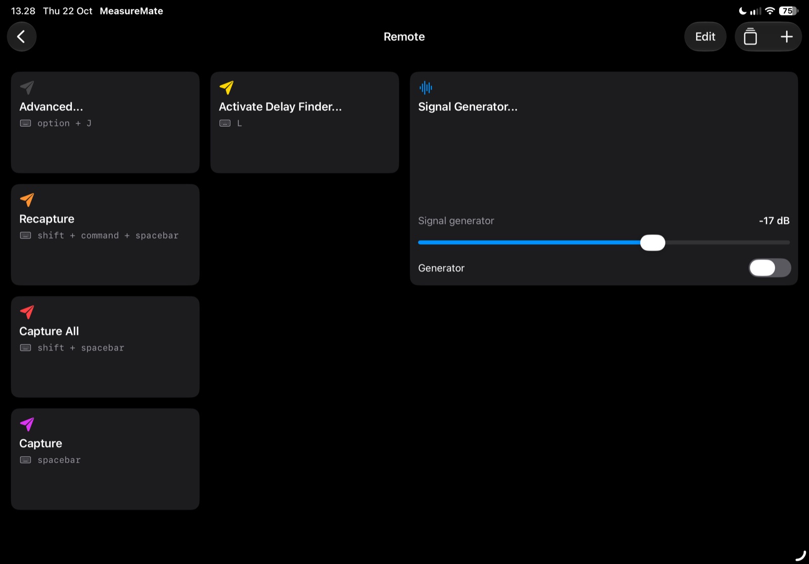 Custom Smaart hotkey board with a signal generator tile on iPad